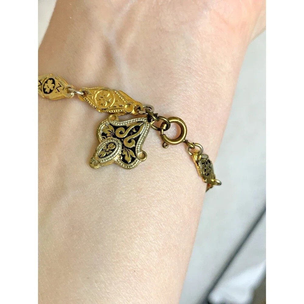 Vintage Damascene Bracelet Made In Spain Black Enamel Gold Tone Charm 7" - Picture 4 of 9